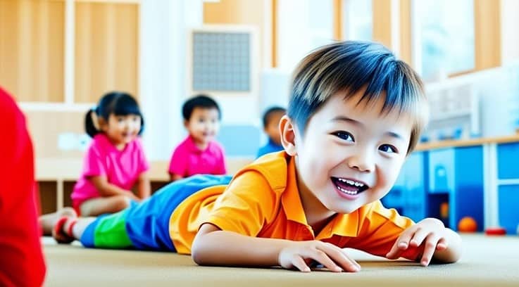 Young children lying on the floor during speech therapy session.
