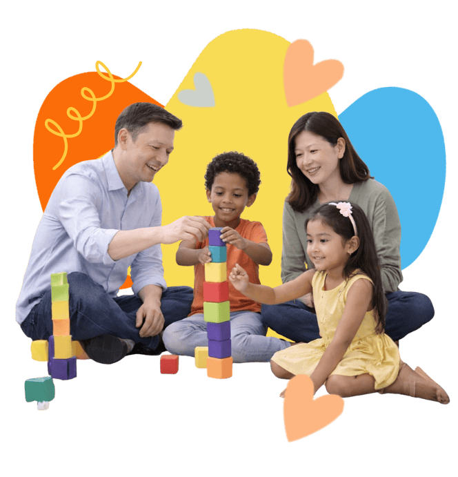 Children and therapist engaging in speech therapy activities with blocks.
