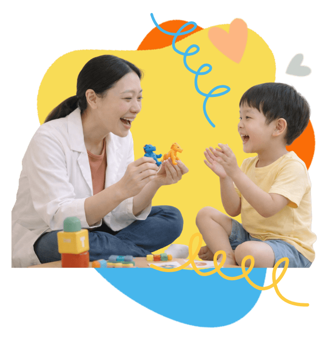 Child and therapist engaging in play-based speech therapy activities.