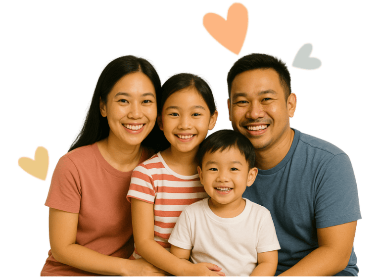 Happy family enjoying speech therapy activities together.