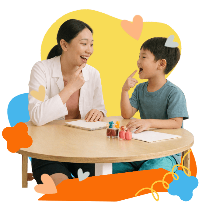Speech therapy session with a therapist and child practicing pronunciation.