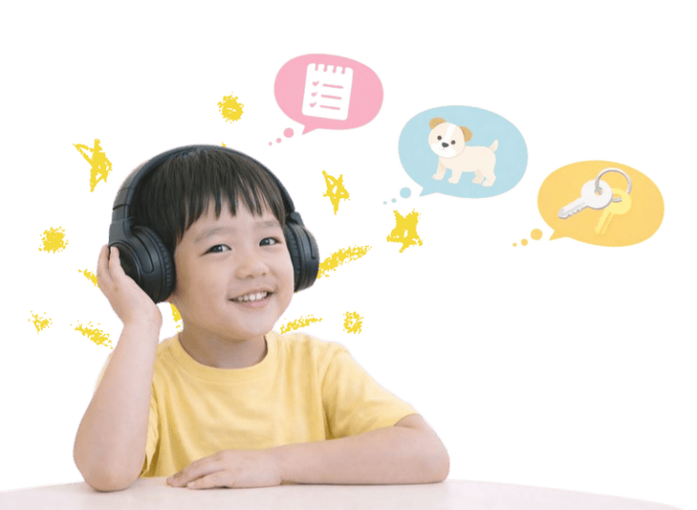 Child wearing headphones engaging in auditory training for speech therapy.