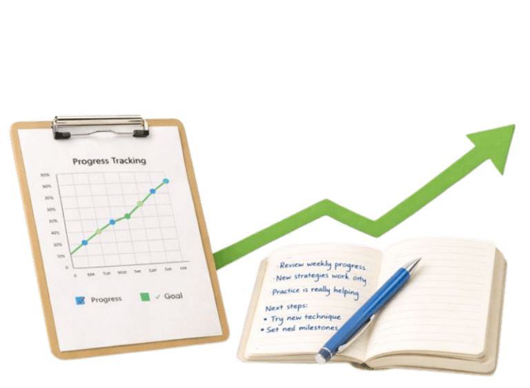 Speech therapy progress chart with upward growth arrow and notes.