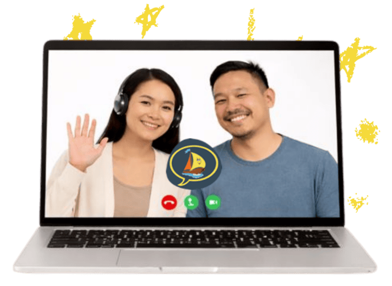 Speech therapy session with a smiling therapist and client via video call.