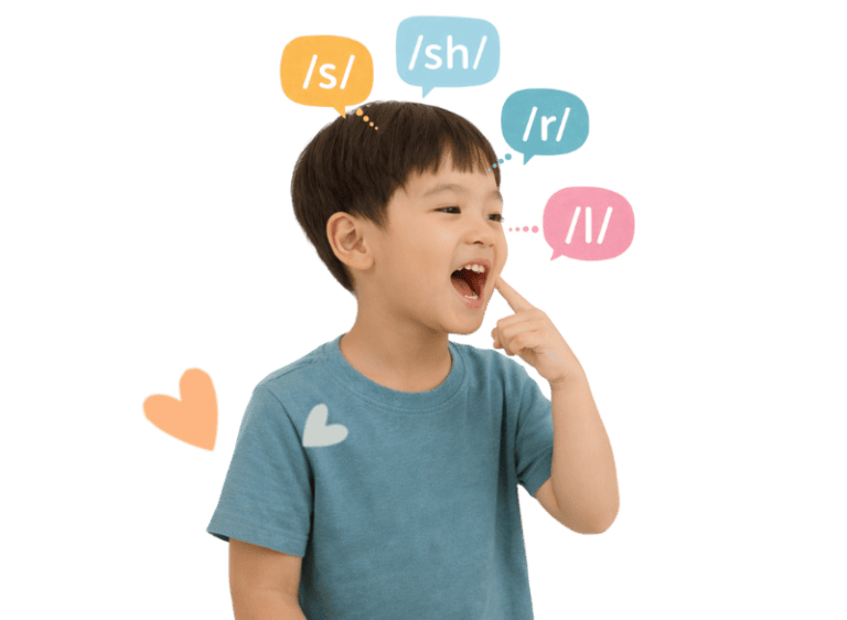 Young boy practicing speech sounds during articulation therapy session.