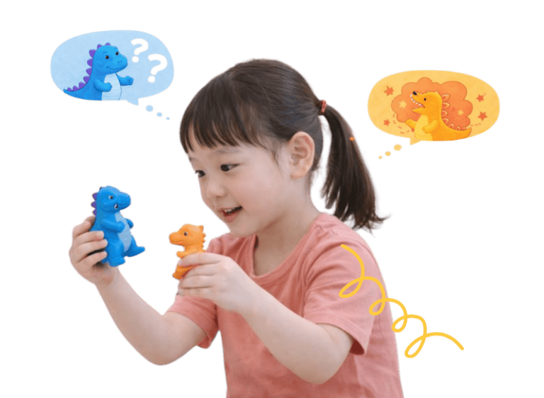 Young girl engaging with dinosaur toys to develop social skills and communication.