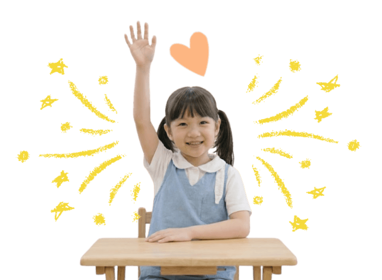 Happy school-age girl raising hand with speech therapy support icons.