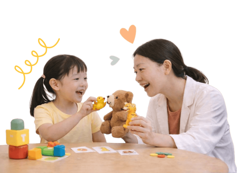 Speech therapy session with child and therapist using toys.