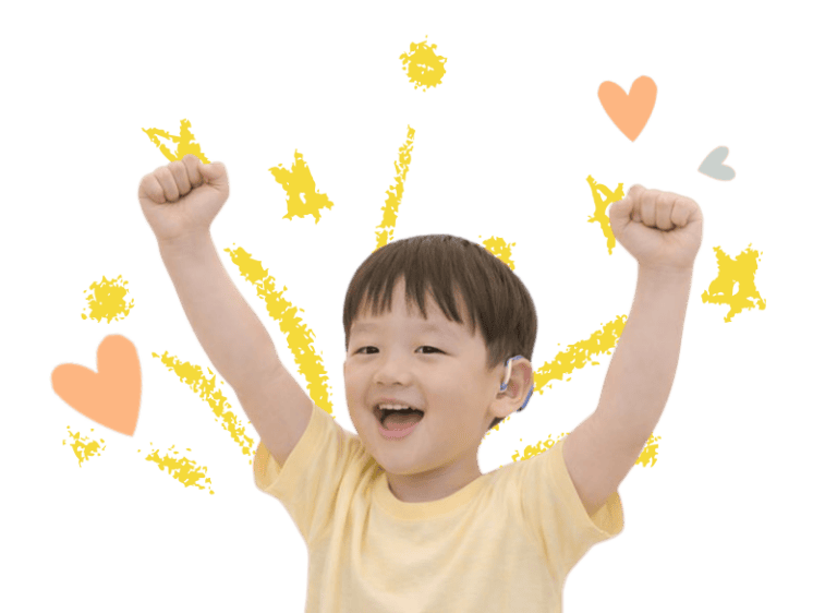Happy child with hearing loss awareness symbols, celebrating communication progress.