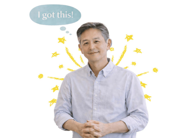 Confident middle-aged man with hearing aids, smiling, with speech bubble "I got this!".