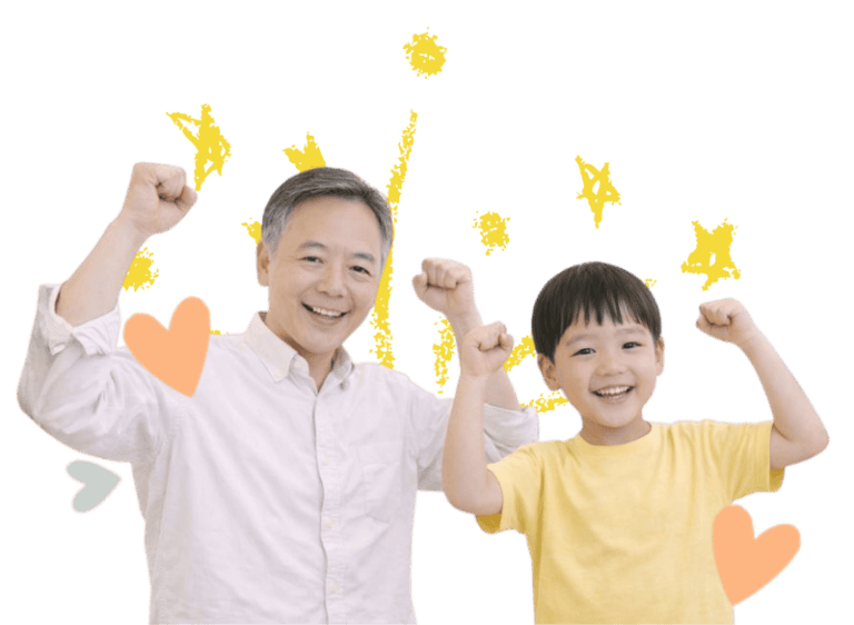 Happy adult and child showing auditory training success with raised fists.