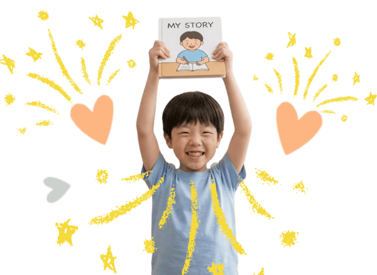 Child holding a storybook with "My Story" for dyslexia and reading support.