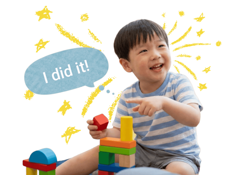 Child with language delay playing with stacking blocks, celebrating progress.
