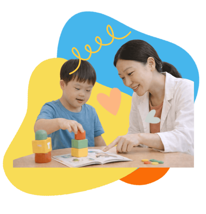 Child with Down syndrome engaging in speech therapy activities with therapist.