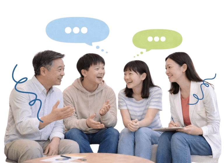 Speech therapy session with children and therapist focusing on social communication skills.