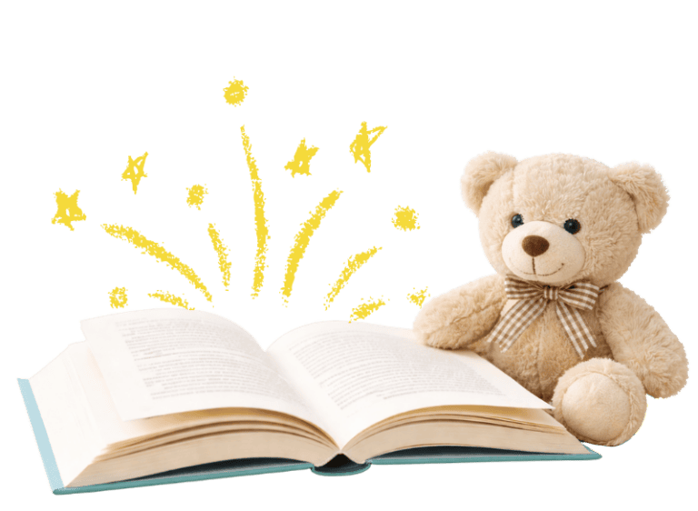 Friendly speech therapy team photo with teddy bear and open book for children’s speech development.