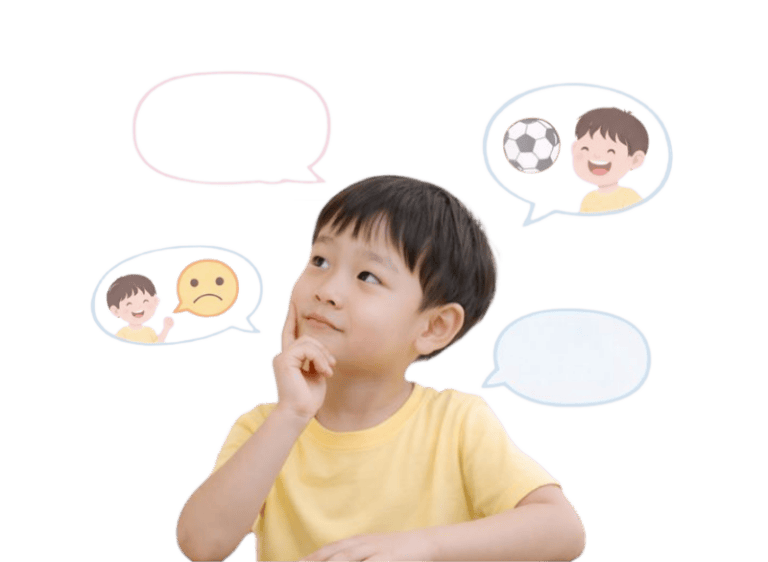 Child engaging in play-based speech therapy with speech bubbles for communication.