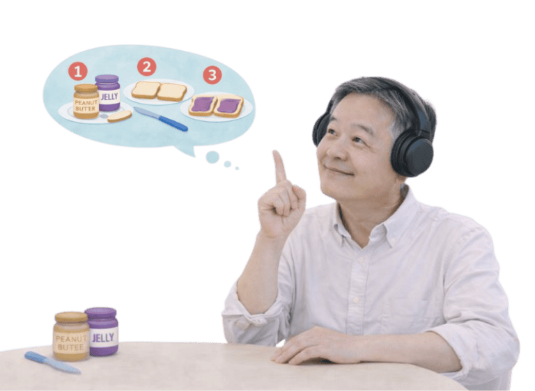 Woman with headphones demonstrating speech therapy activities for auditory processing.