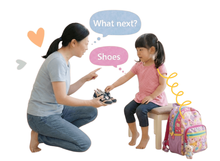 Speech therapist helping young girl with communication delay and shoe selection.