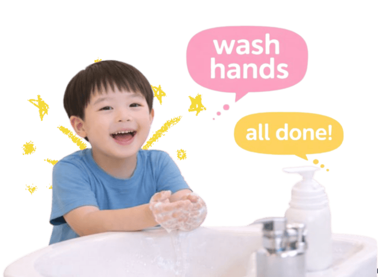 Child washing hands at sink for hygiene and communication practice.