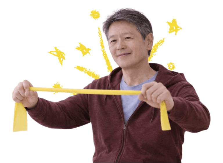 Elderly man practicing voice therapy with resistance band for head and neck cancer recovery.