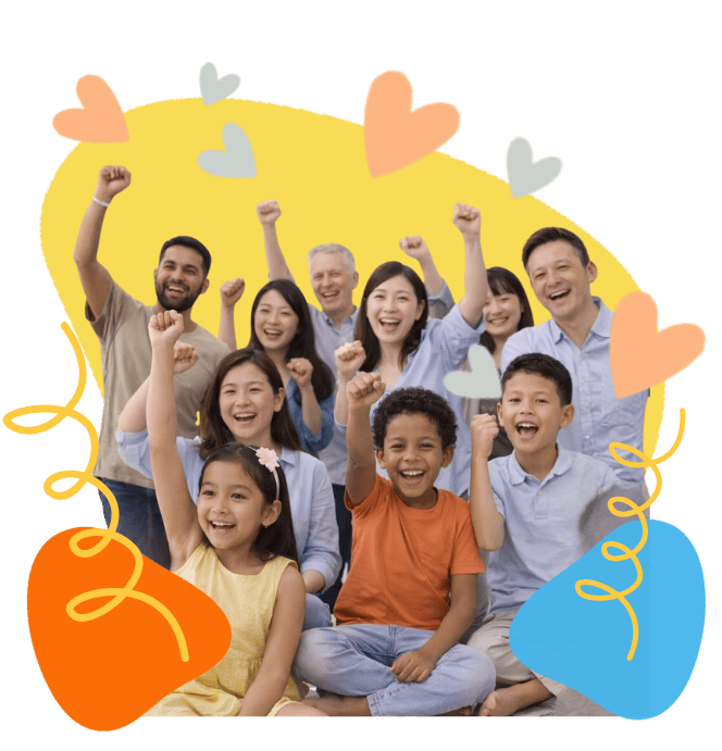 Happy children and adults celebrating speech therapy progress together.