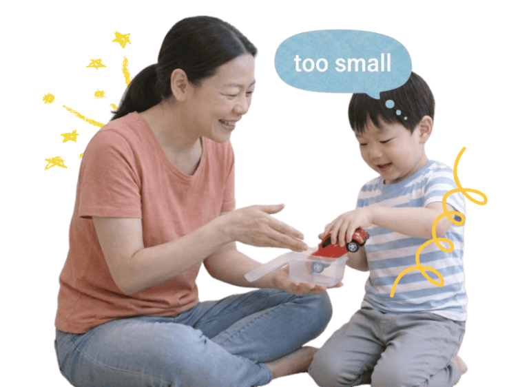 Child with speech delay playing with toy car during speech therapy session.