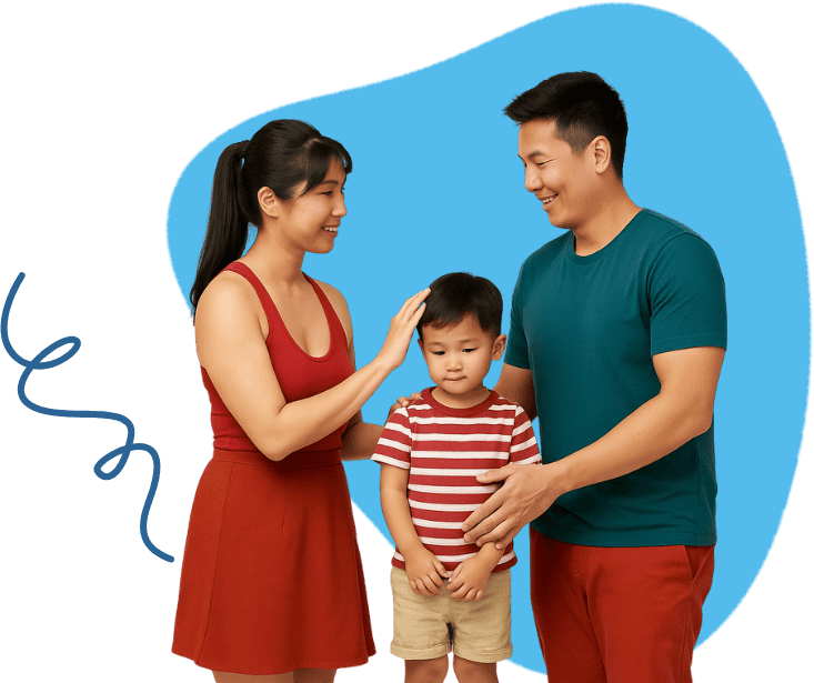 Happy family engaging in speech therapy session with a therapist.