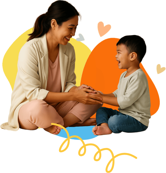Speech therapy session with a smiling therapist and young child.