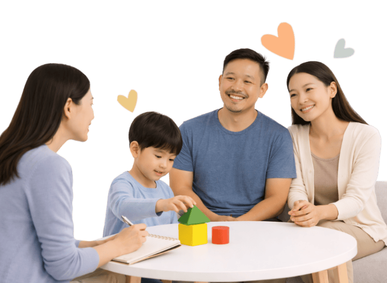 Speech therapy session with a child and family focusing on communication skills.