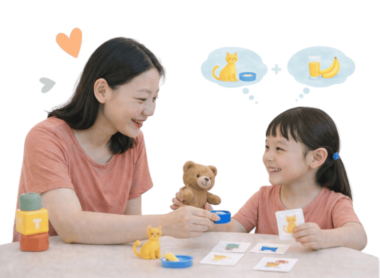 Auditory Processing Disorder therapy session with child and therapist using toys and visual aids.