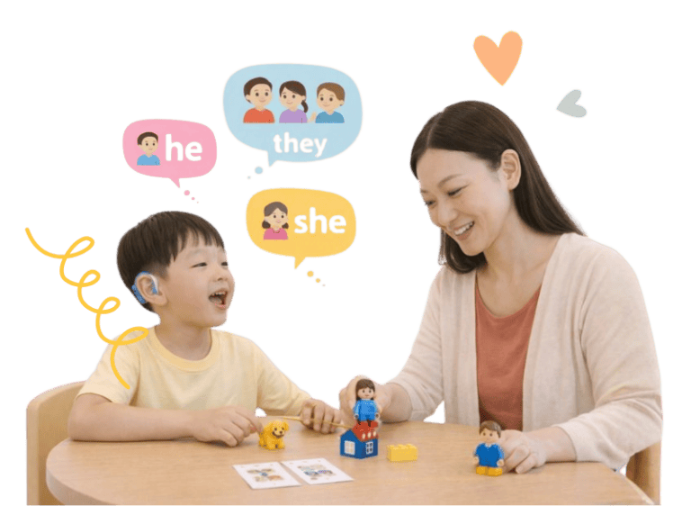 Child with hearing loss engaging in speech therapy with therapist.