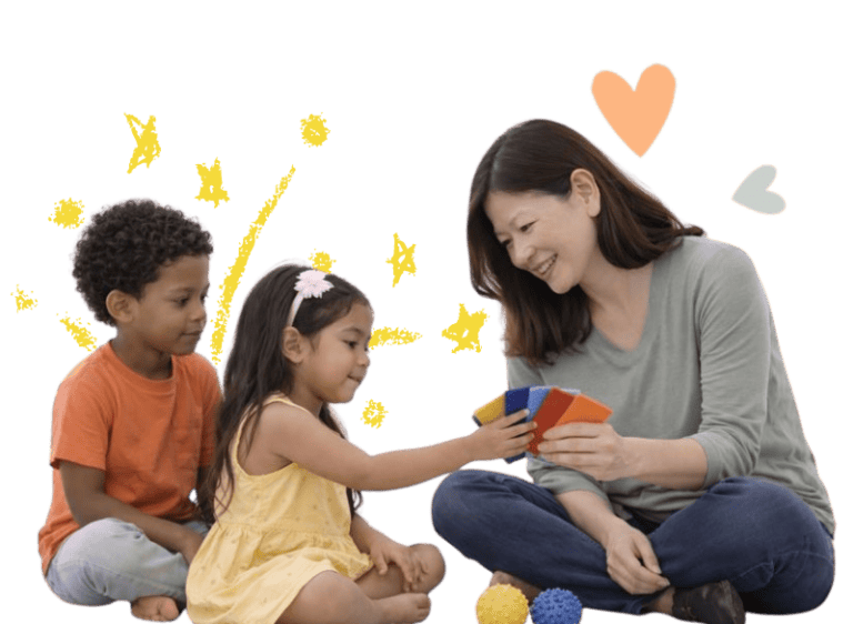 Speech therapy session with children and therapist focusing on communication skills.