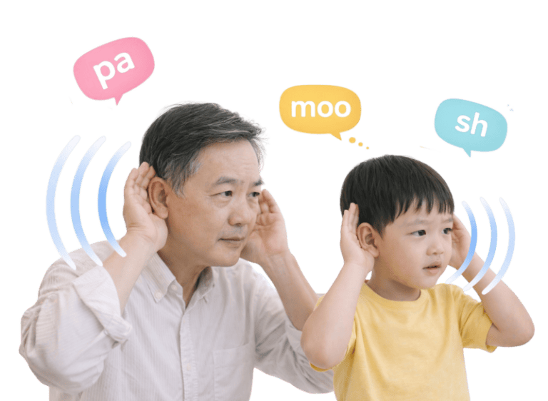Child and adult practicing auditory training with speech therapy tools.