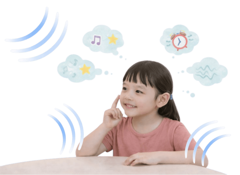 Child engaging in auditory processing therapy with sound and speech cues.