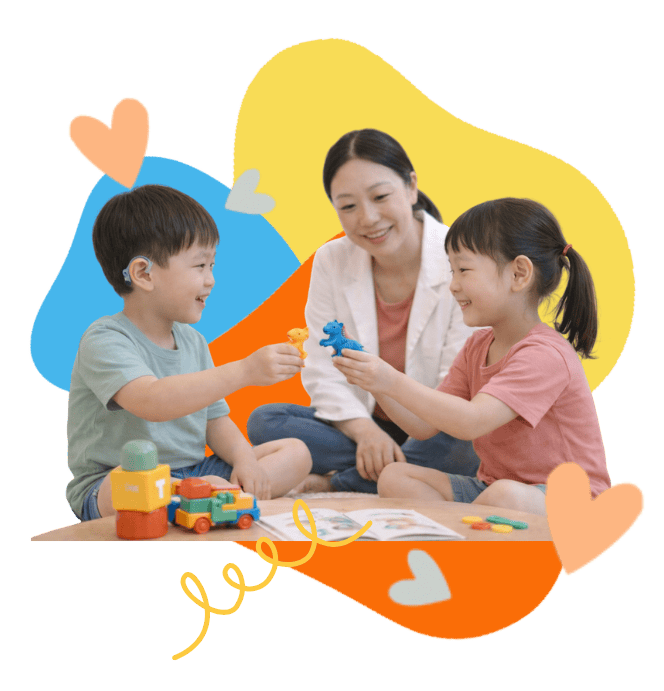Children engaging in play-based social skills activities with therapist.
