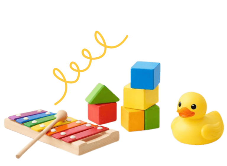 Speech therapy team with children's educational toys and rubber duck.