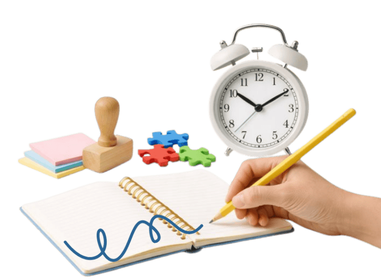 Speech therapy team member writing in a notebook with clock and therapy tools.