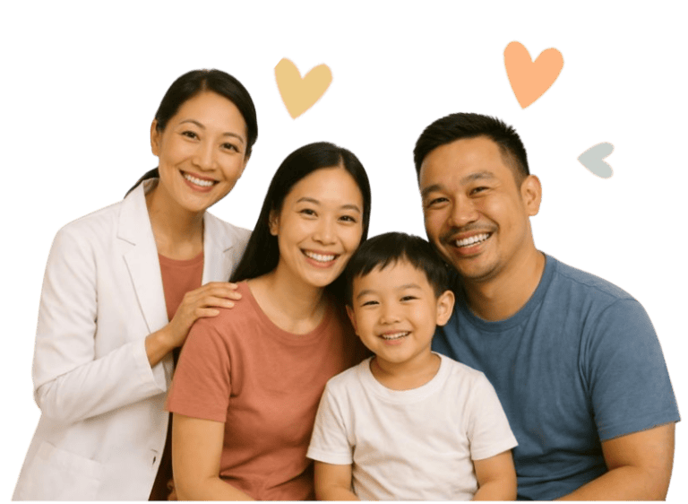 Happy speech therapists with a young boy, promoting speech therapy services.