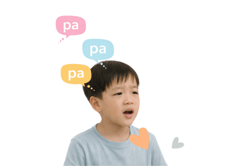Young boy with speech delay practicing speech therapy exercises.