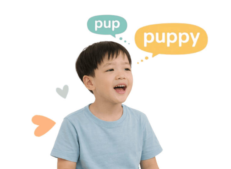 Young boy practicing speech therapy for childhood apraxia with speech bubbles saying "pup" and "pupp.