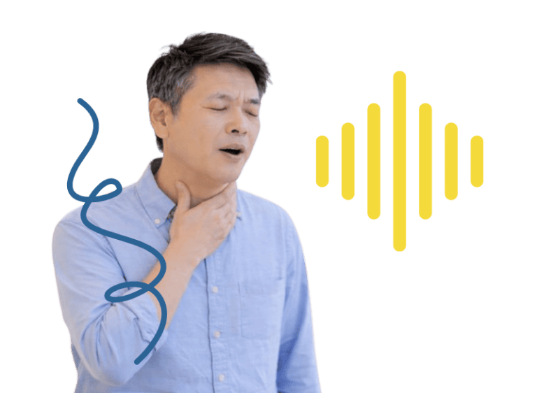 Man experiencing hoarseness, undergoing voice therapy for dysphonia.